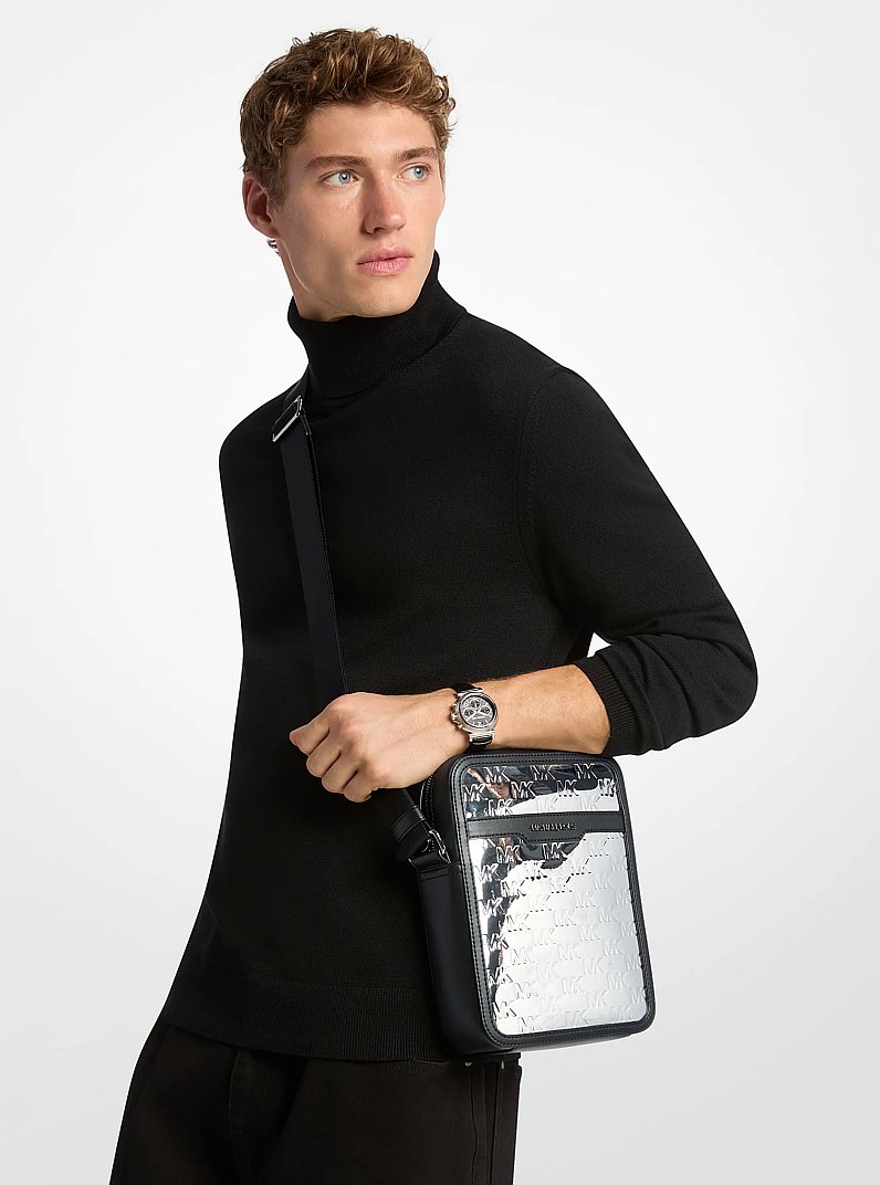Cooper Metallic Logo Debossed Flight Bag in SILVER | Michael Kors