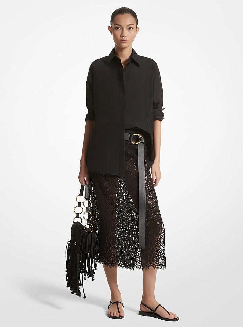 Camicia boyfriend in taffet&agrave; di seta e cotone in NERO | Michael Kors