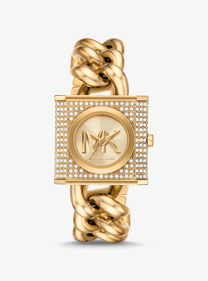 Mini Lock Pav&eacute; Gold-Tone Chain Watch in GOLD | Michael Kors
