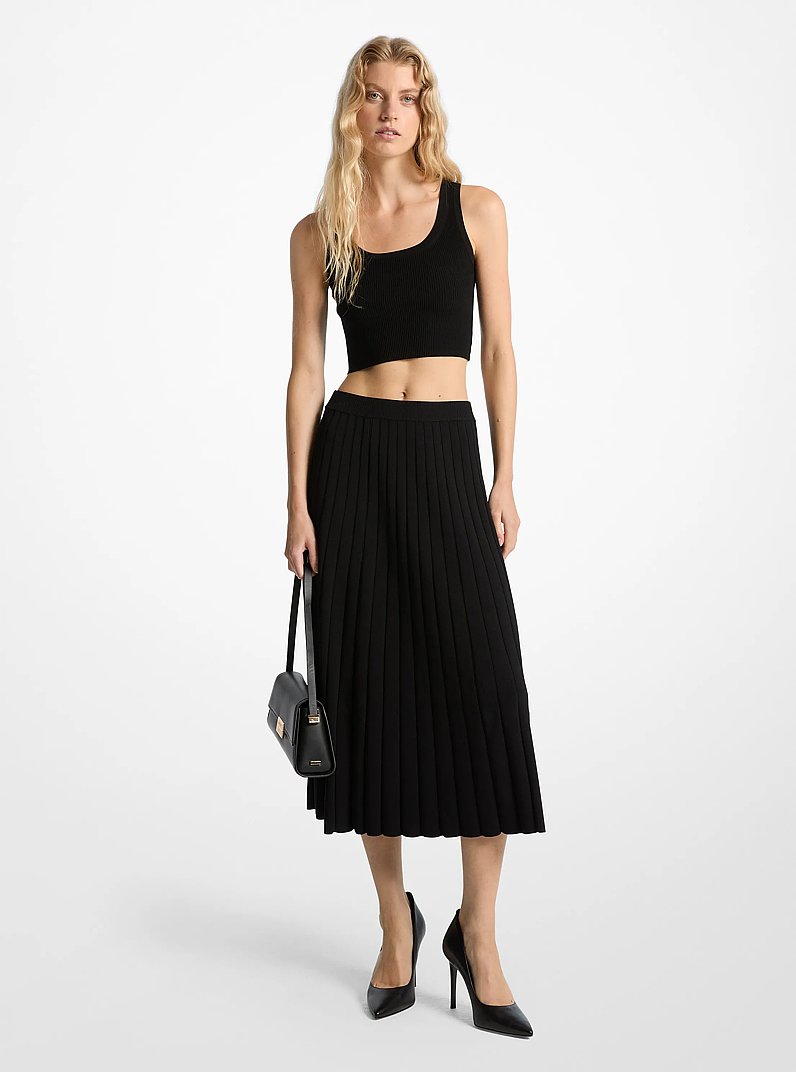 Ribbed Stretch Knit Midi Skirt in BLACK | Michael Kors