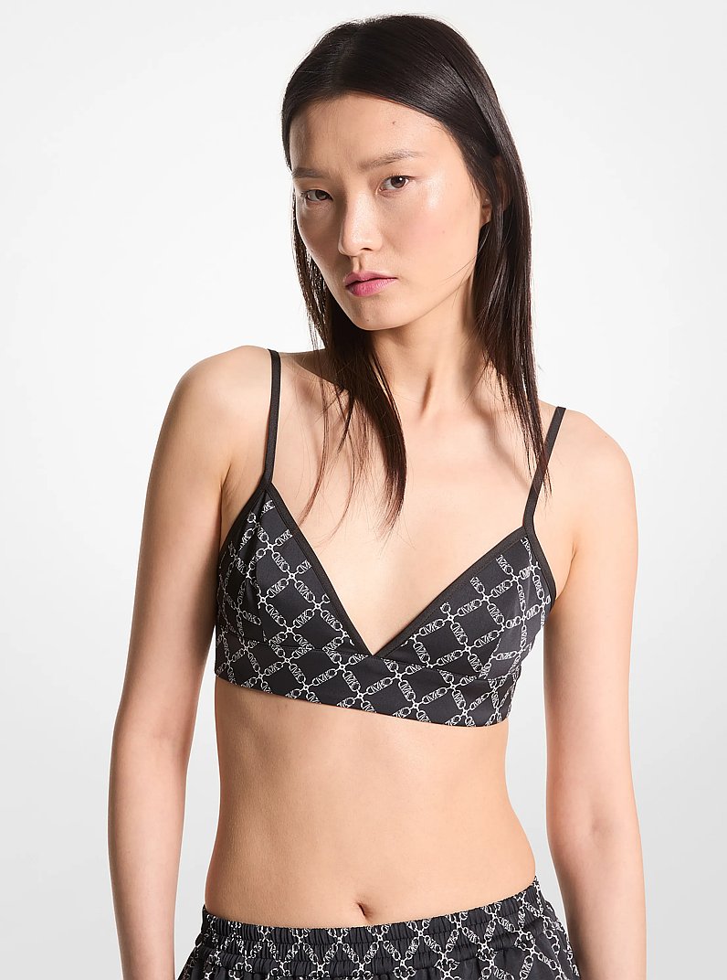 Empire Logo Print Satin Bra Top in BLACK/WHITE | Michael Kors