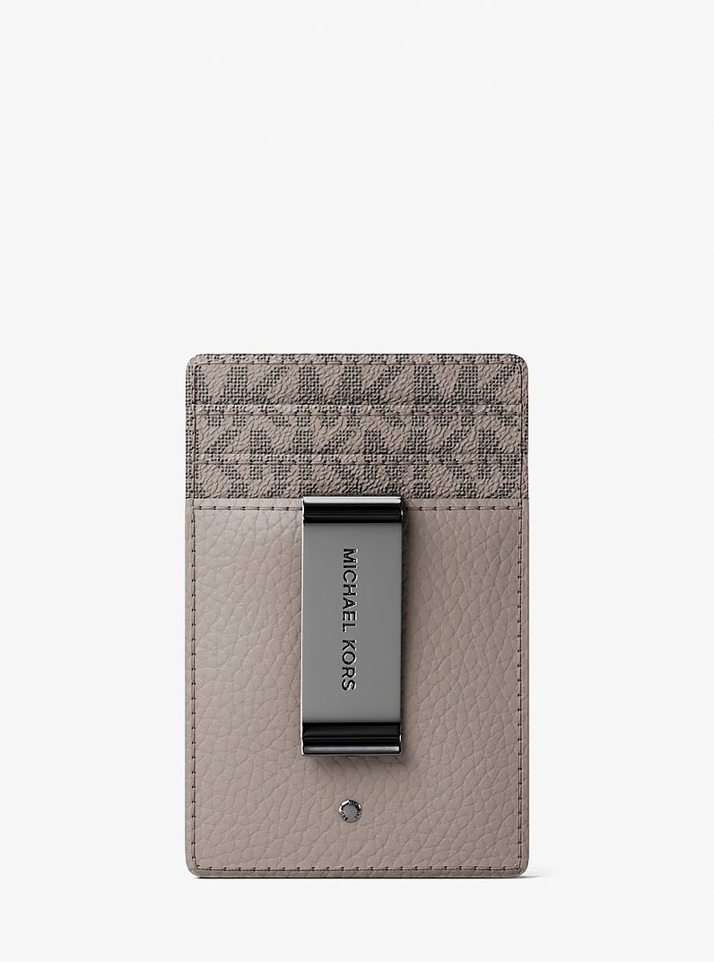 Hudson Pebbled Leather and Signature Logo Money Clip Card Case in NICKEL | Michael Kors