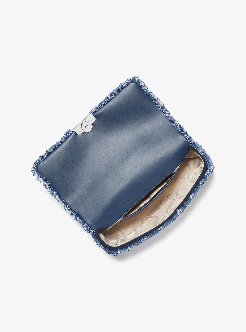 Tribeca Large Frayed Denim Shoulder Bag in DENIM | Michael Kors