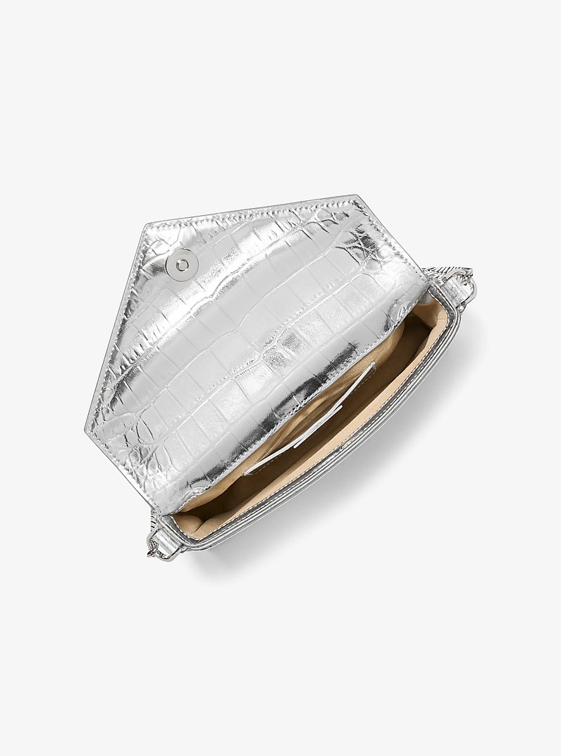 Manhatta Metallic Crocodile Embossed Leather Shoulder Bag in SILVER | Michael Kors