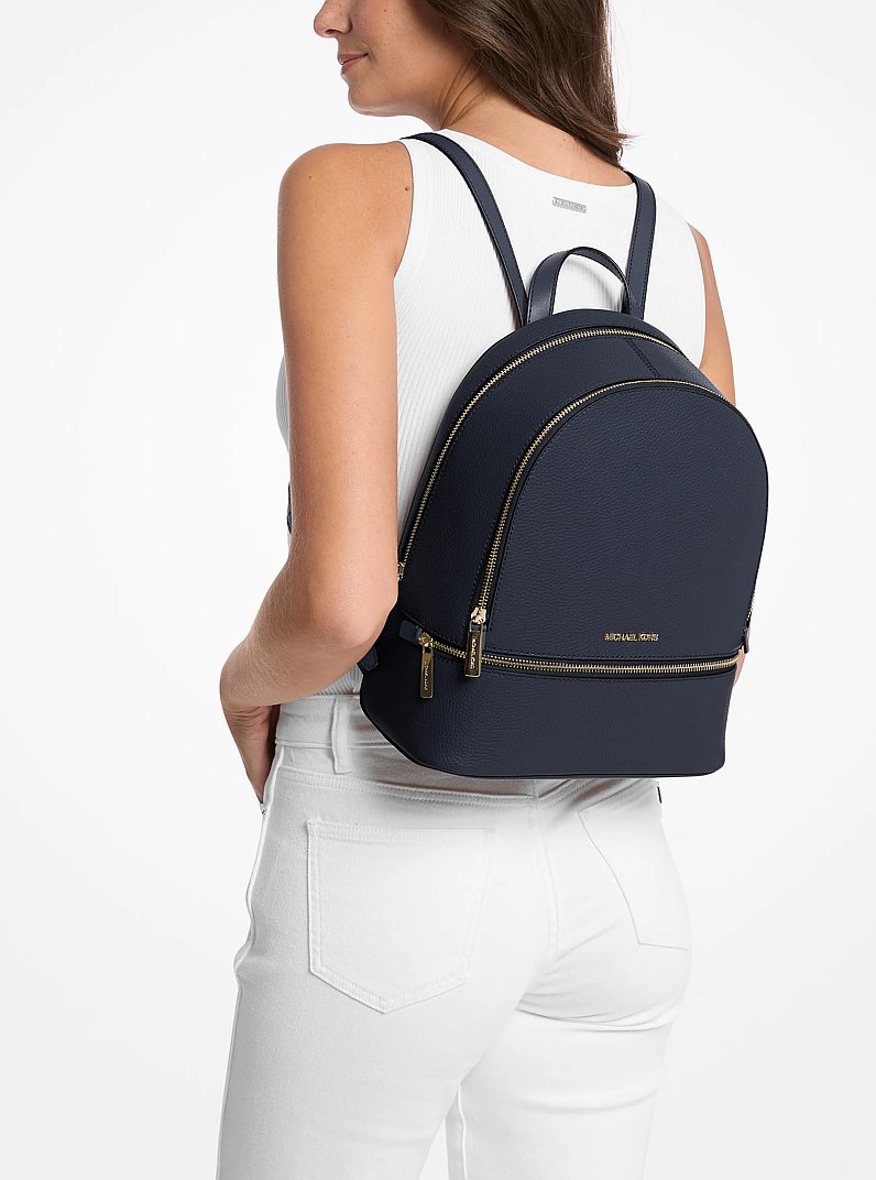 Rhea Medium Pebbled Leather Backpack in NAVY | Michael Kors