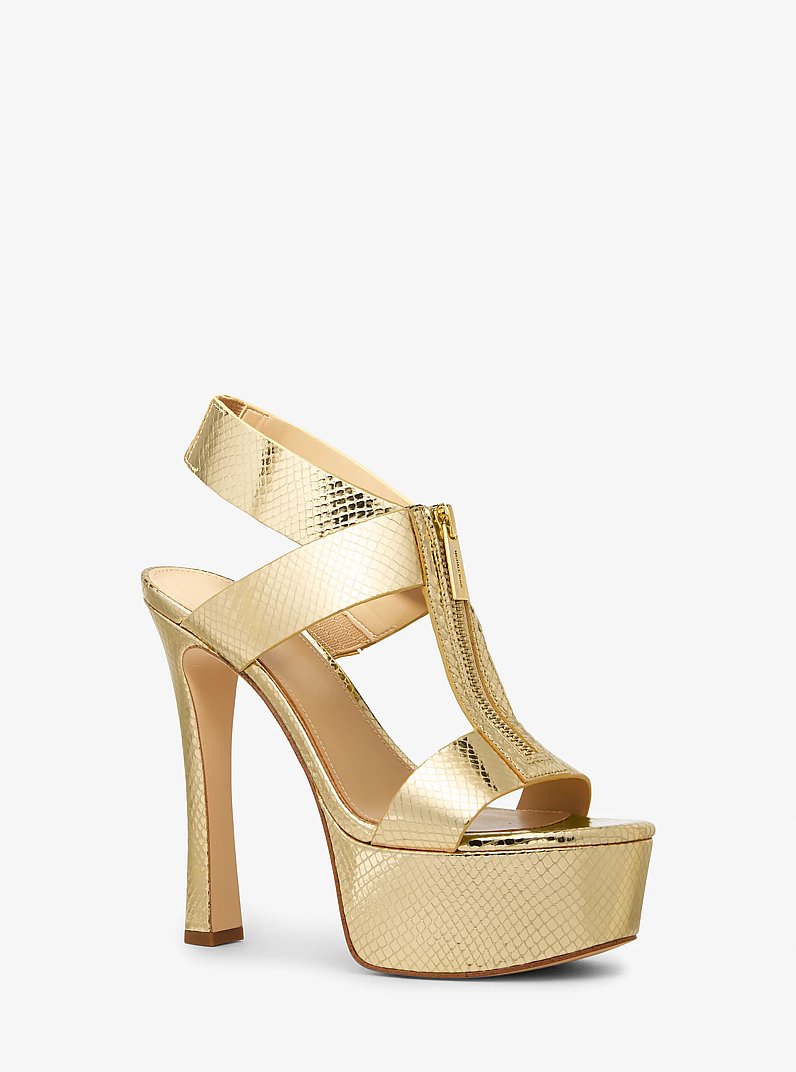 Berkley Metallic Snake Embossed Leather Platform Sandal in PALE GOLD | Michael Kors