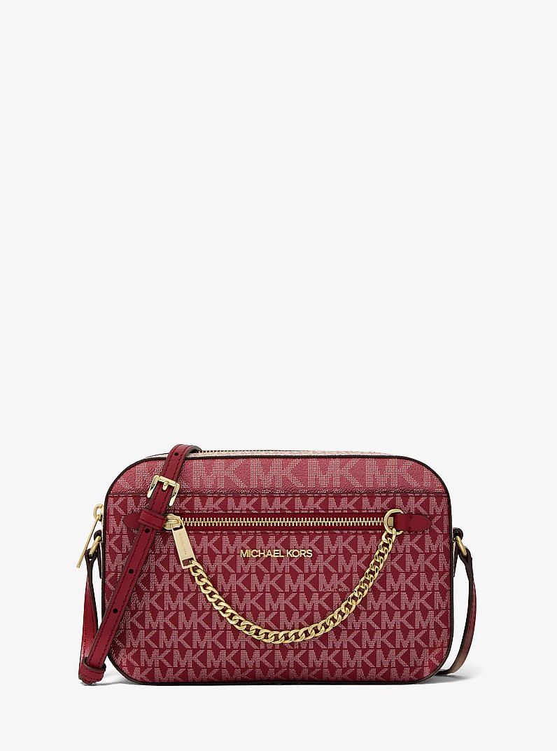 Jet Set Large Metallic Signature Logo Crossbody Bag in CHERRY