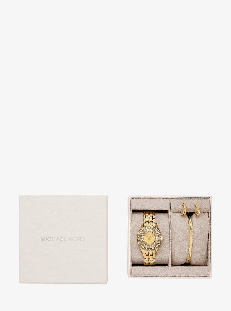 Mini-Armbanduhr Harlowe im Goldton mit Pav&eacute; und Schmuck im Set in GOLDTON | Michael Kors