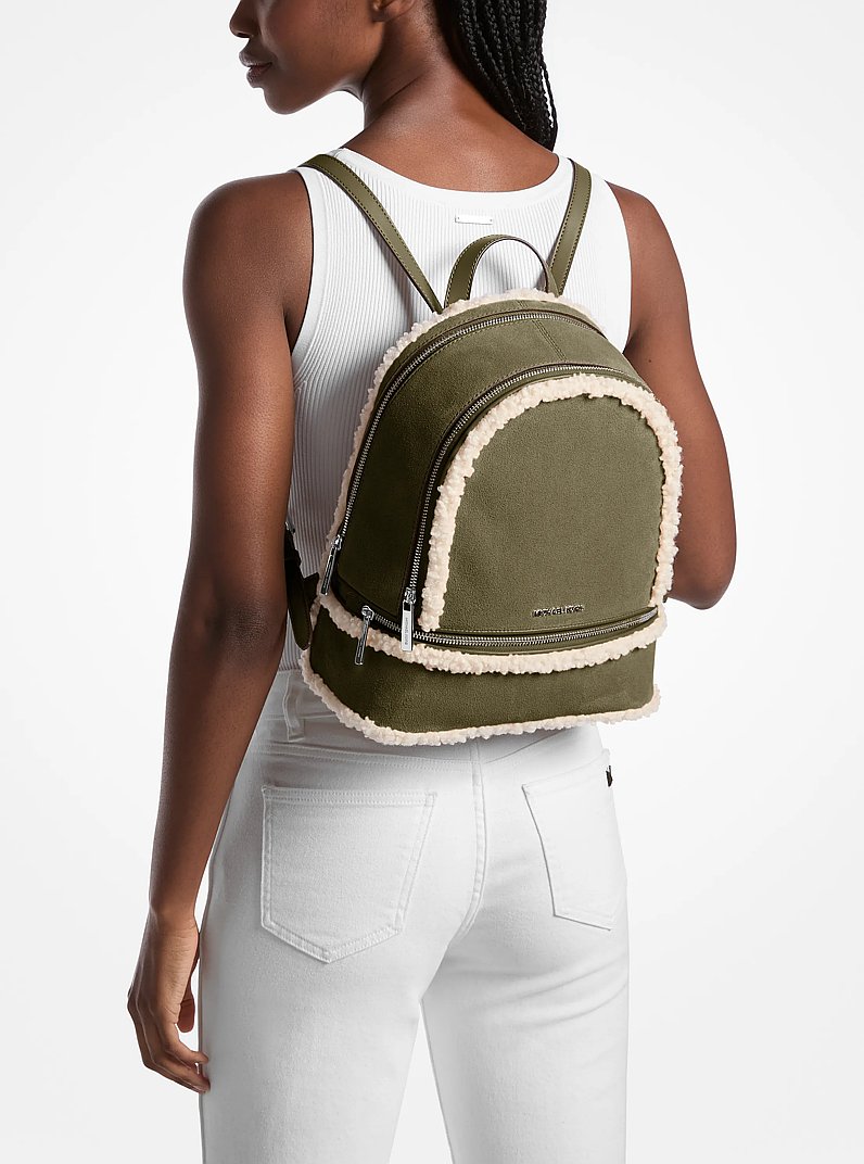 Rhea Medium Suede and Faux Shearling Backpack in OLIVE | Michael Kors