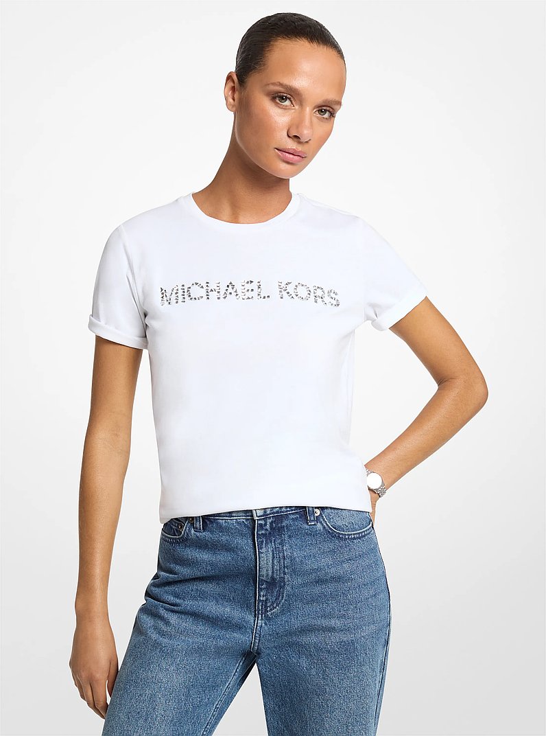 Embellished Logo Cotton Jersey T-Shirt in WHITE | Michael Kors