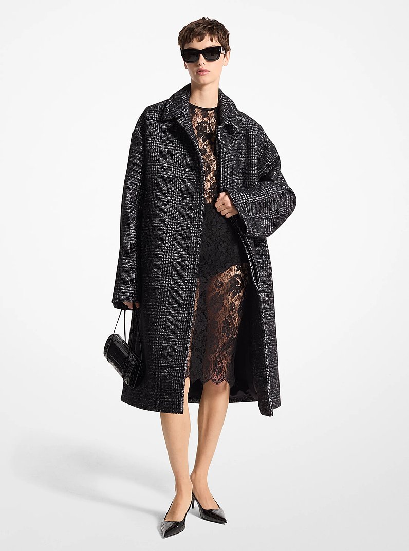 Glen Plaid Silk and Wool Melton Balmacaan in BLACK/WHITE | Michael Kors
