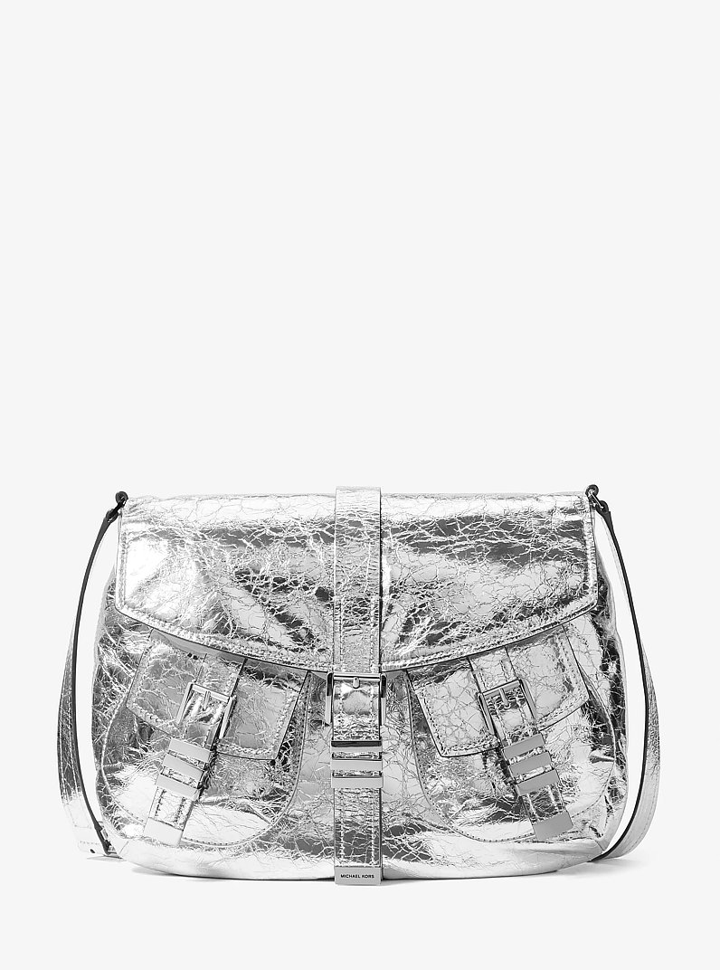 Darrington Large Crackled Leather Shoulder Bag in SILVER | Michael Kors