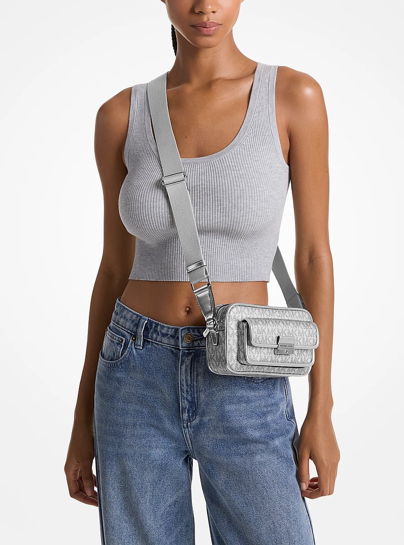 Bradshaw Extra-Small Metallic Signature Logo Camera Crossbody in SILVER | Michael Kors