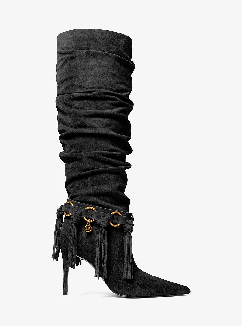 Stivale Dawn in pelle scamosciata con frange in NERO | Michael Kors