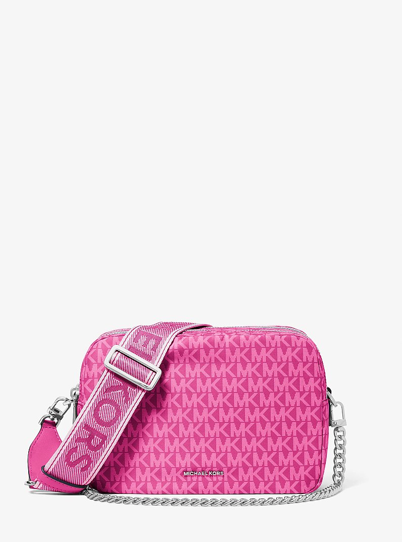 Bryant Medium Signature Logo Print Woven Camera Crossbody Bag in RASPBERRY | Michael Kors