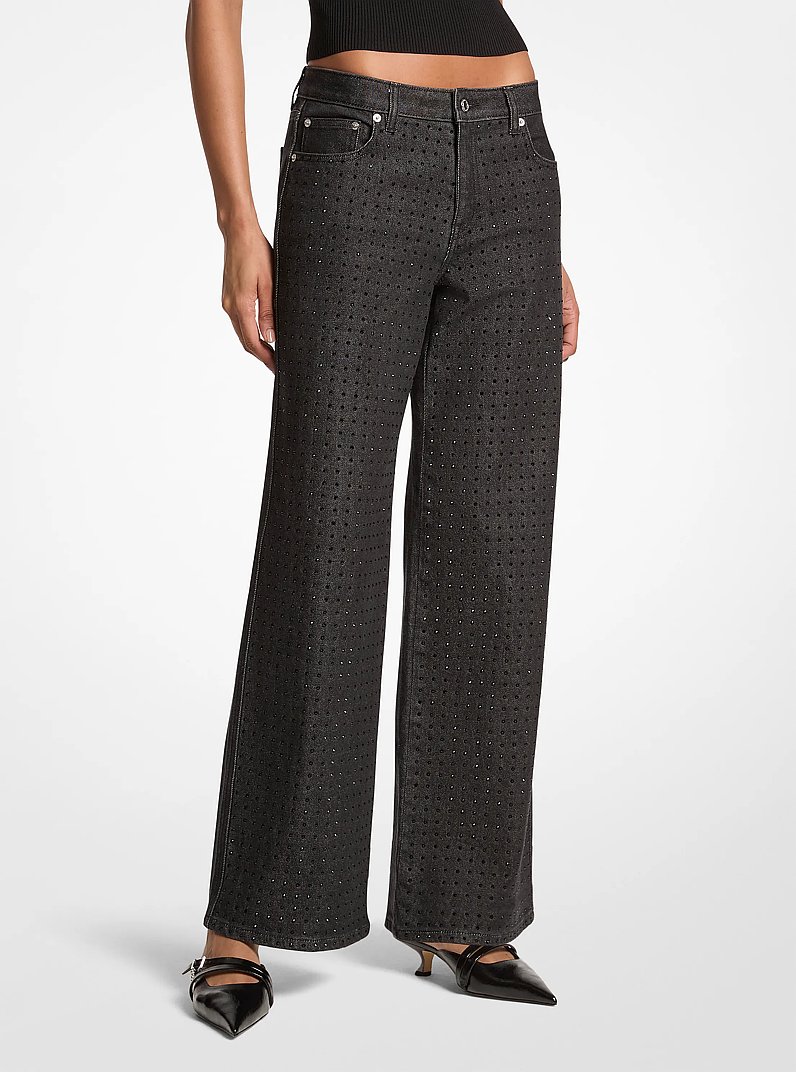 Studded Stretch Denim Wide-Leg Jeans in BLACK RINSE | Michael Kors