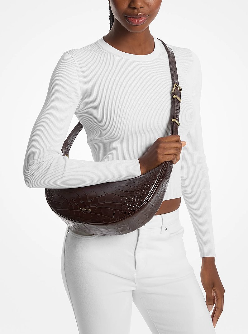 Avra Medium Crocodile Embossed Leather Crossbody Bag in CHOCOLATE | Michael Kors