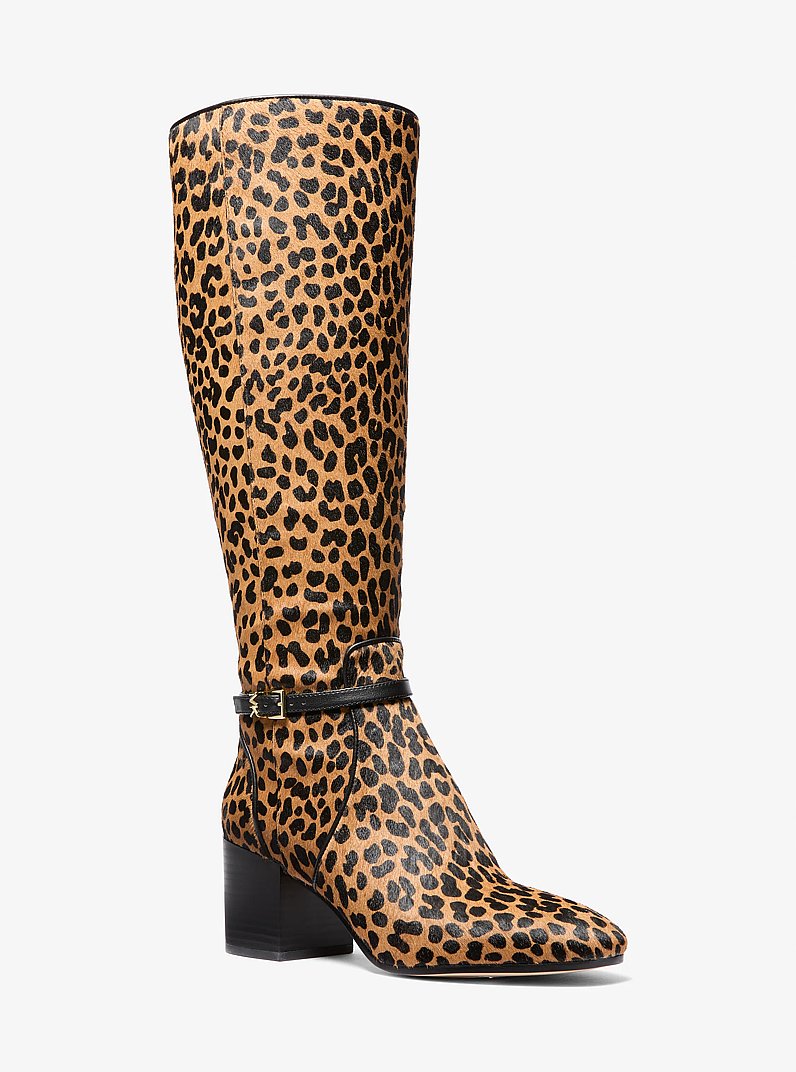 Ella Leopard Print Calf Hair Wide Calf Block Heel Boot in DEER MULTI | Michael Kors