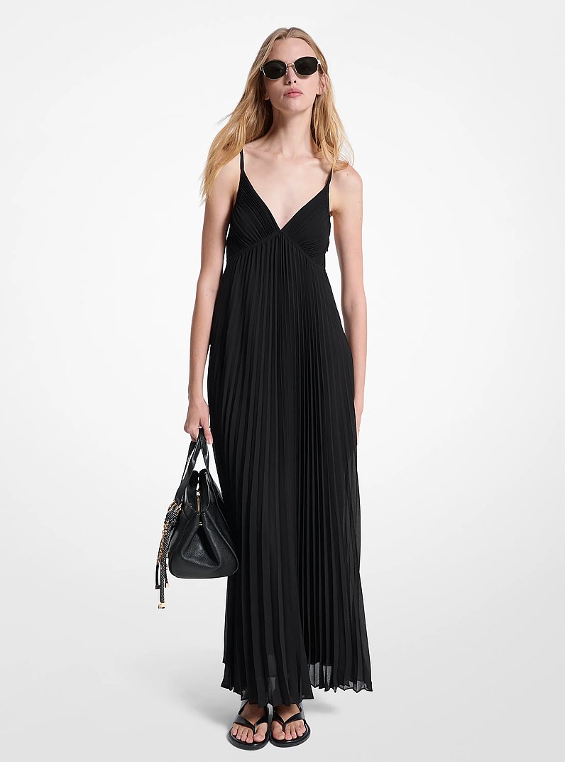 Pleated Georgette Maxi Dress in BLACK | Michael Kors