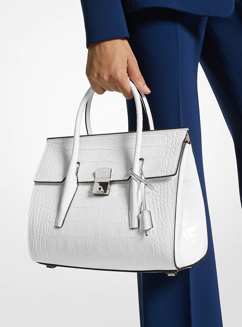 Campbell Medium Crocodile Embossed Leather Satchel in OPTIC WHITE | Michael Kors
