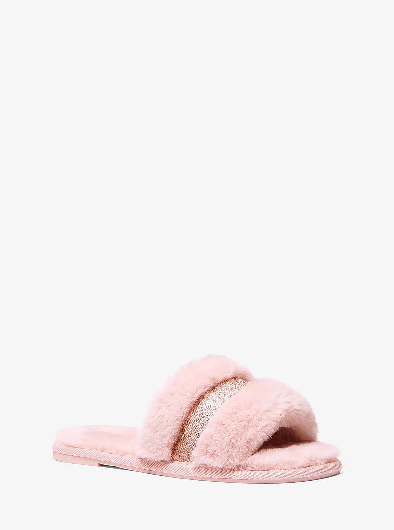 Alexis Faux Fur and Metallic Signature Logo Slide Sandal in POWDER BLUSH | Michael Kors
