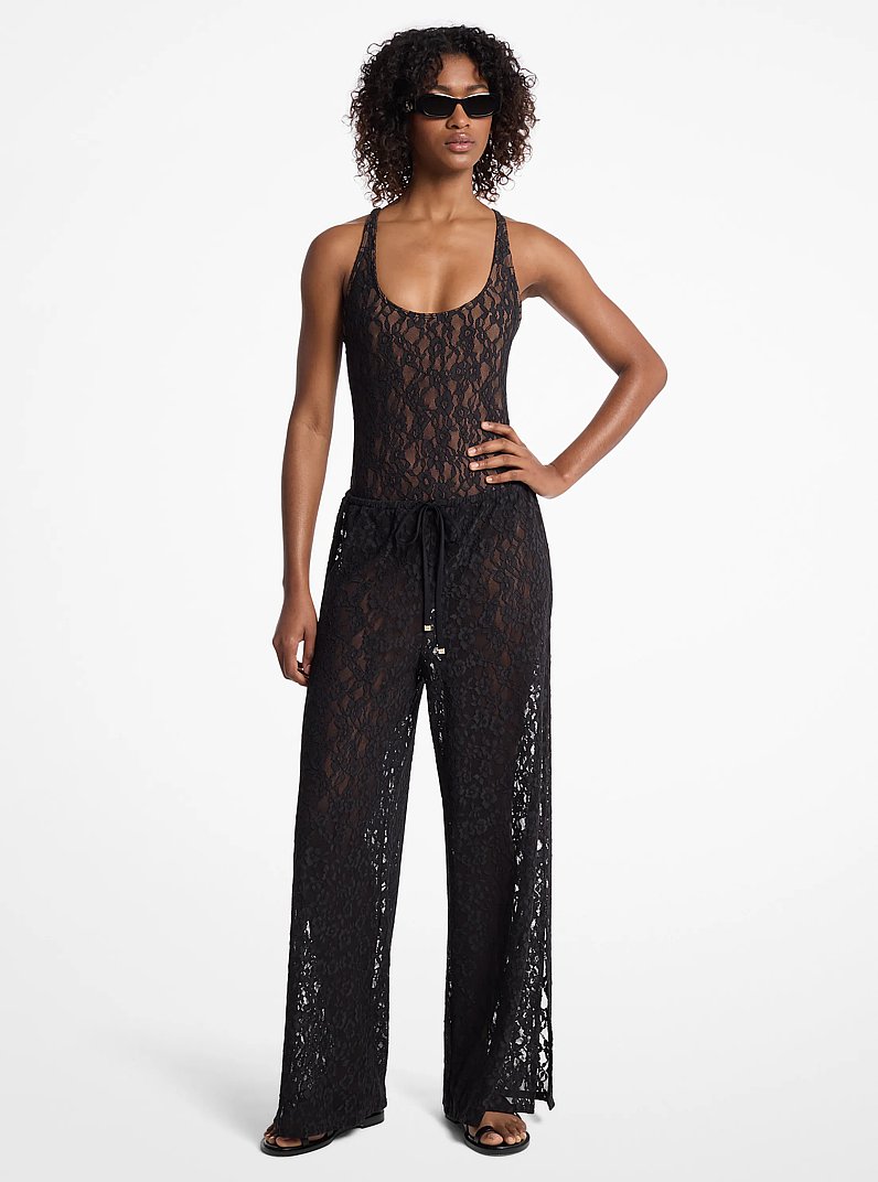 Floral Lace Stretch Nylon Drawstring Pants in BLACK - Sale | Michael ...