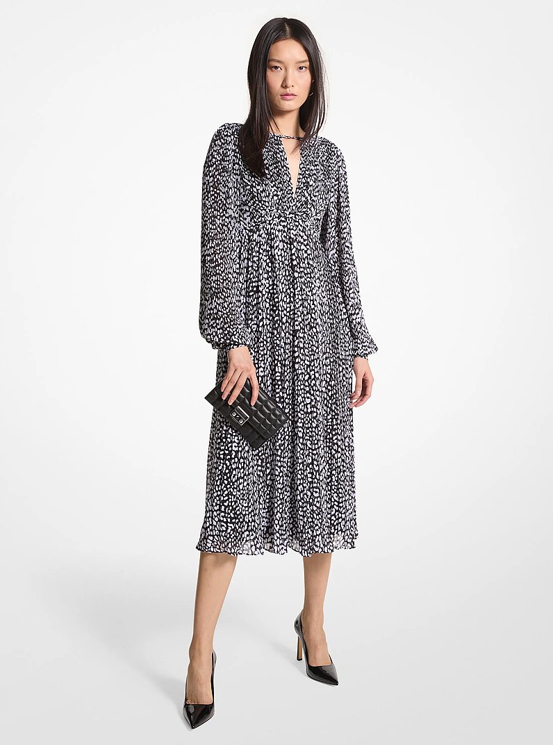 Pleated Leopard Print Georgette Midi Dress in BLACK/WHITE | Michael Kors