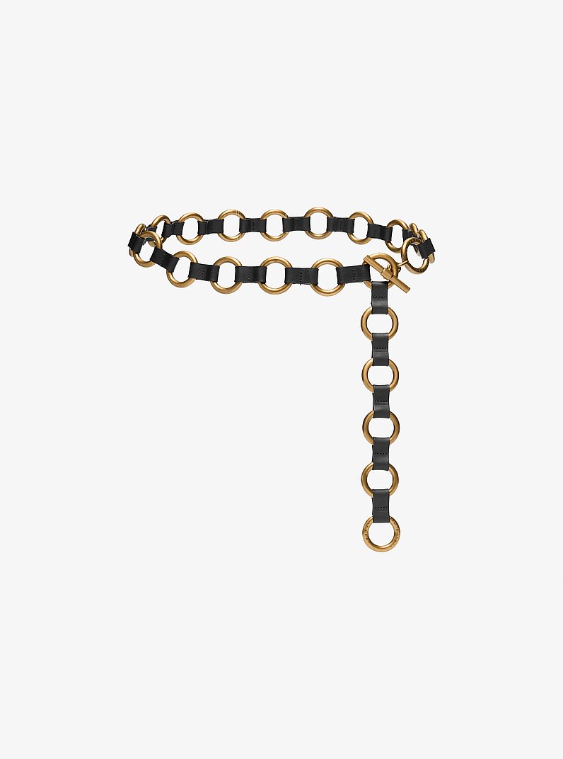 Leather and Chain-Link Belt in BLACK/GOLD | Michael Kors