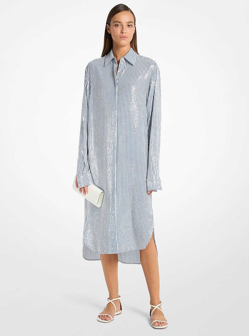 Sequined Stripe Crepe De Chine Shirtdress in STEEL/OPTIC WHITE | Michael Kors