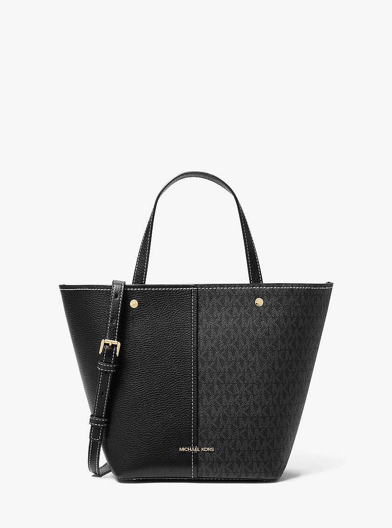 Flora Medium Signature Logo and Pebbled Leather Tote Bag in BLACK