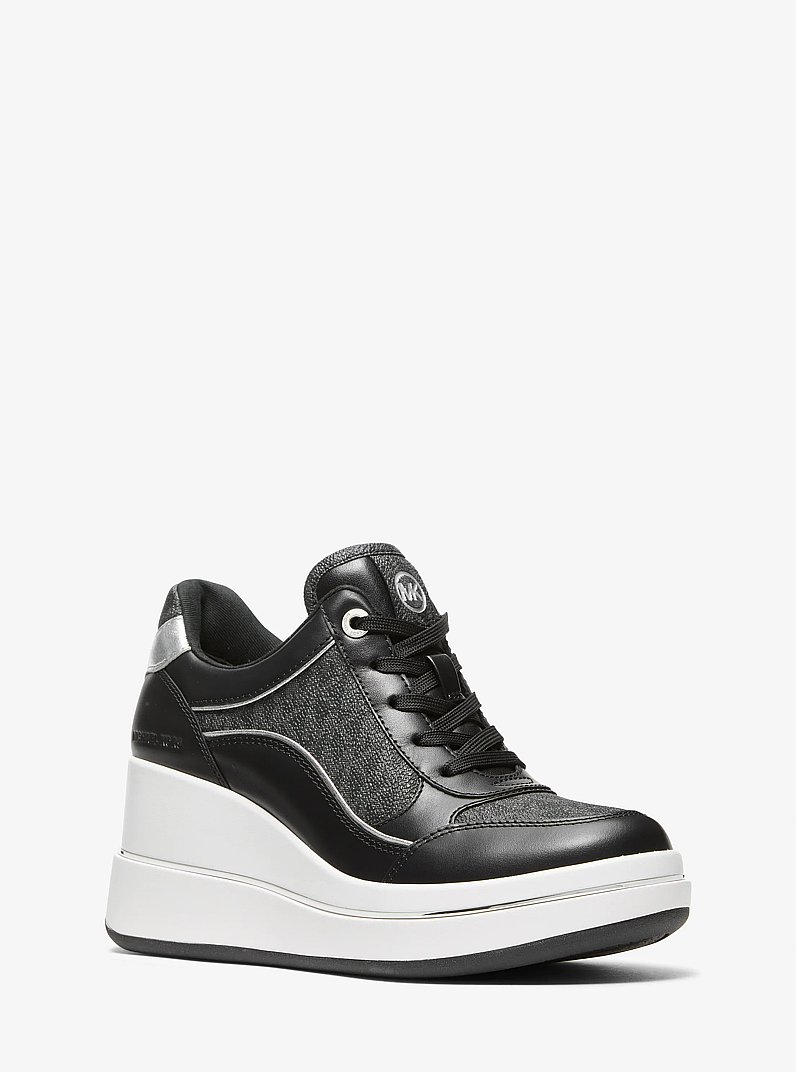 Emmy Signature Logo and Leather Wedge Trainer in BLACK | Michael Kors