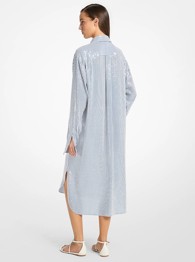 Sequined Stripe Crepe De Chine Shirtdress in STEEL/OPTIC WHITE | Michael Kors