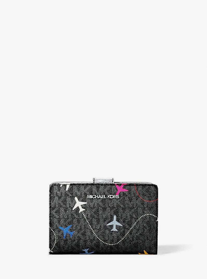 Jet Set Travel Medium Printed Signature Logo Bi-Fold Wallet in BLACK | Michael Kors
