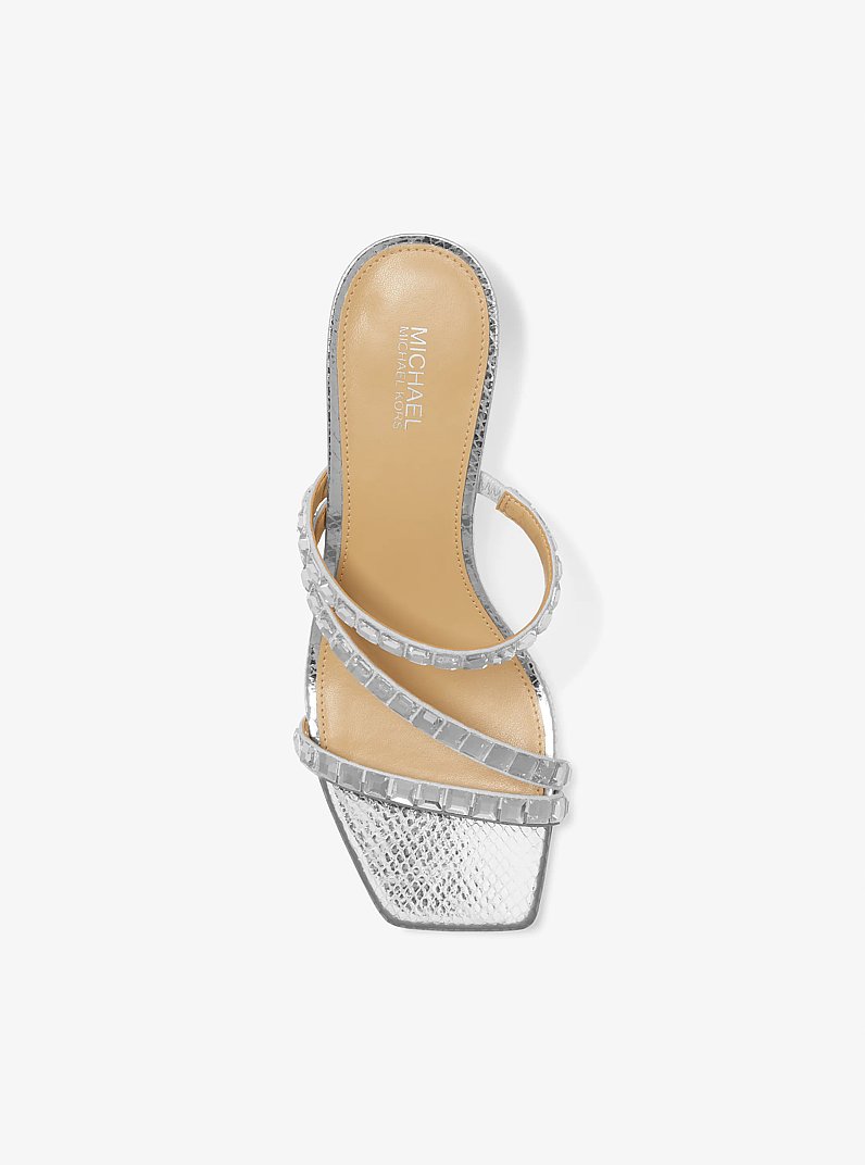 Celia Embellished Metallic Snake Embossed Kitten Sandal in SILVER | Michael Kors