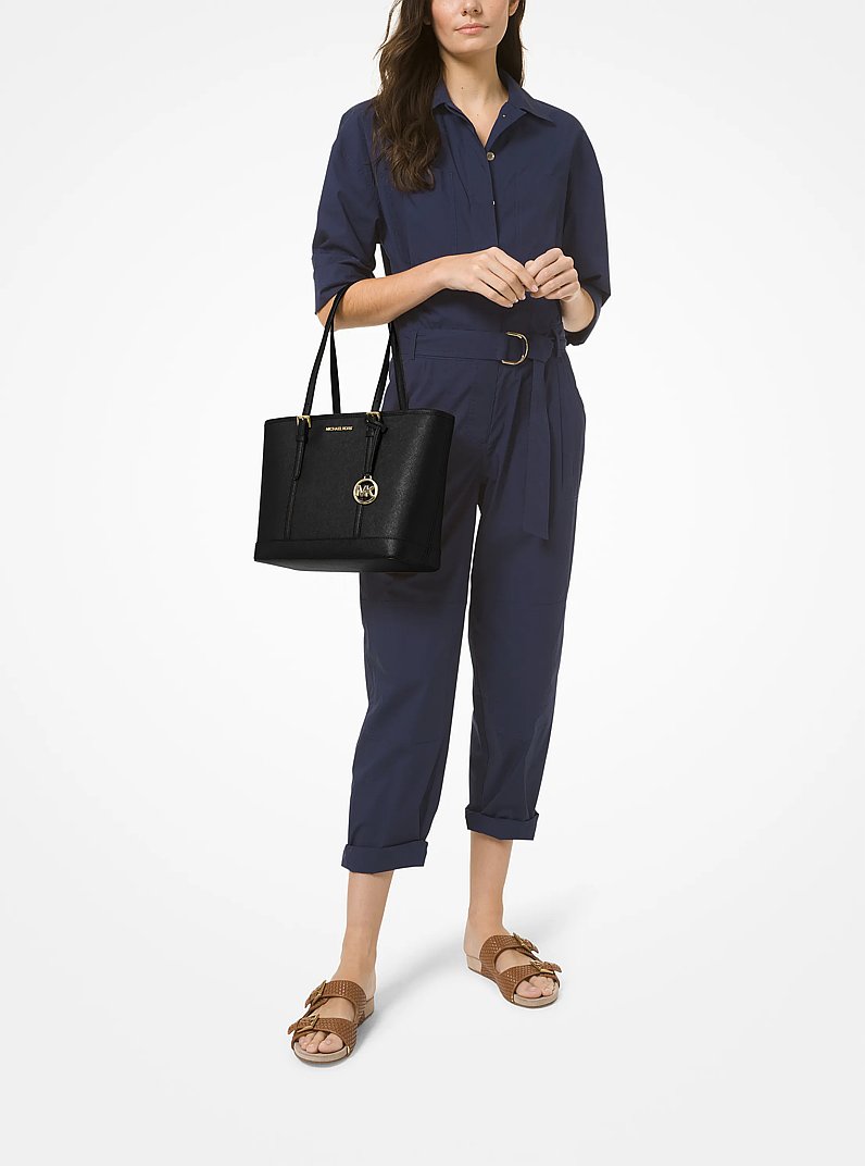 Jet Set Travel Small Saffiano Leather Top-Zip Tote Bag in BLACK | Michael Kors