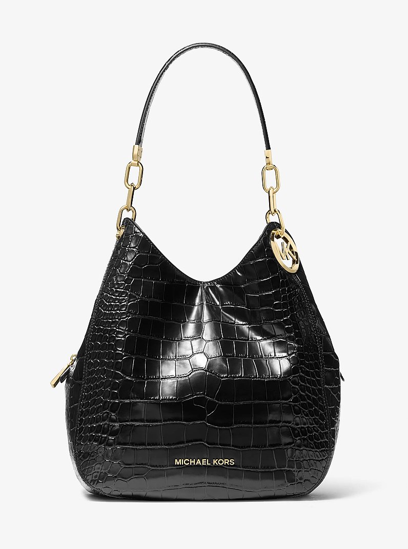 Lillie Large Crocodile Embossed Leather Shoulder Bag in BLACK