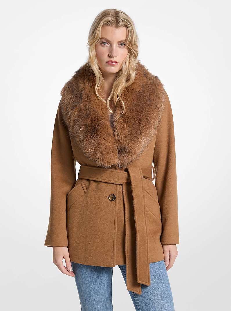 Faux Fur Trim Wool Blend Coat in DARK CAMEL | Michael Kors