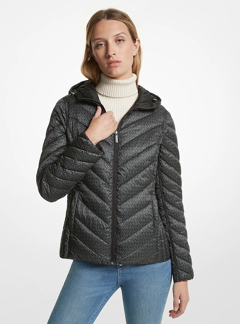 Reversible Quilted Nylon Signature Logo Packable Puffer Jacket in BLACK/BLACK | Michael Kors