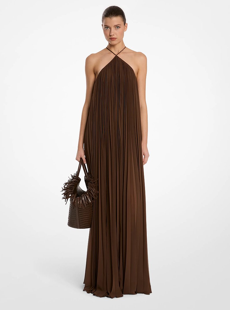 Pleated Techno Chiffon Halter Gown in JAVA | Michael Kors