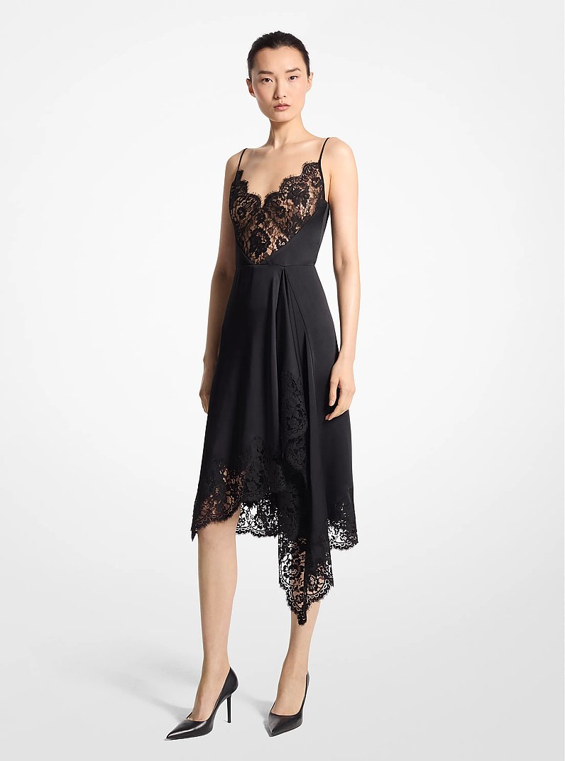 Lace Trim Satin Charmeuse Asymmetric Slip Dress in BLACK - Sale