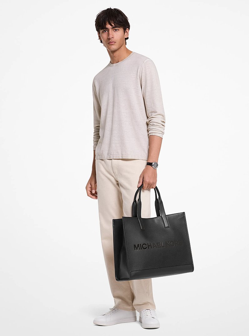 Cooper Logo Embossed Pebbled Leather Tote Bag in BLACK | Michael Kors