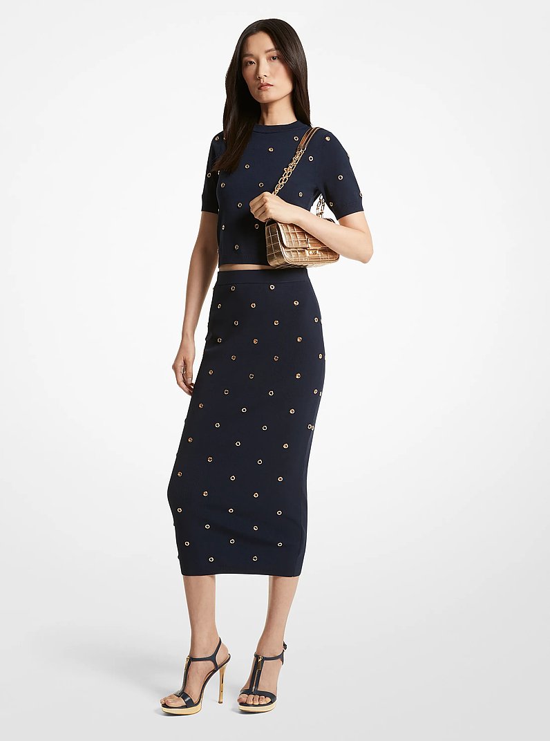 Grommet-Embellished Stretch Knit Pencil Skirt in MIDNIGHT BLUE/GOLD | Michael Kors
