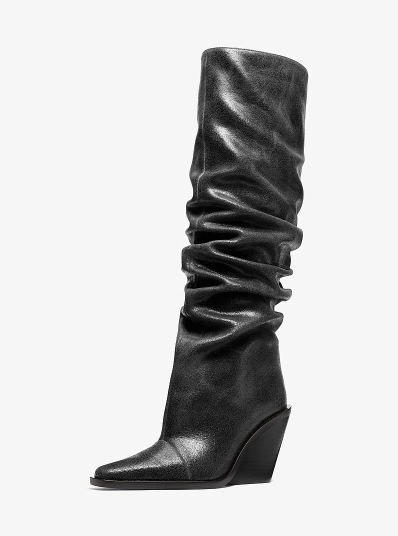 Noemie Distressed Leather Slouchy Boot in BLACK | Michael Kors