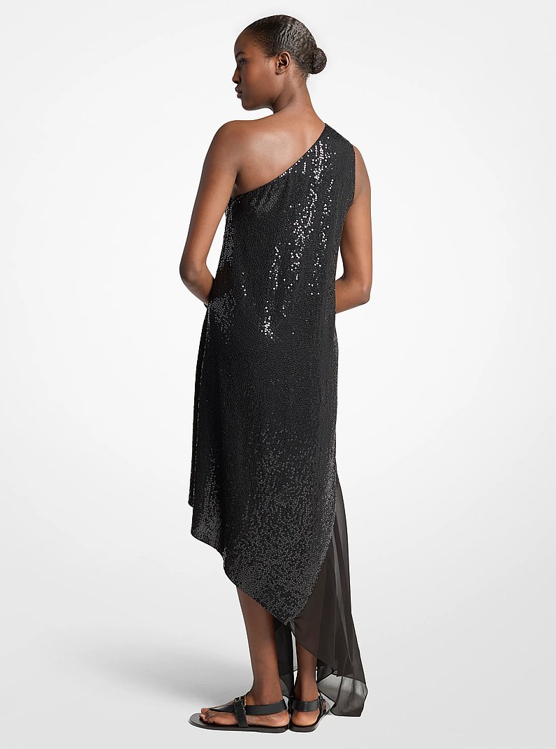 Hand-Embroidered Sequin Silk Georgette Asymmetric Dress