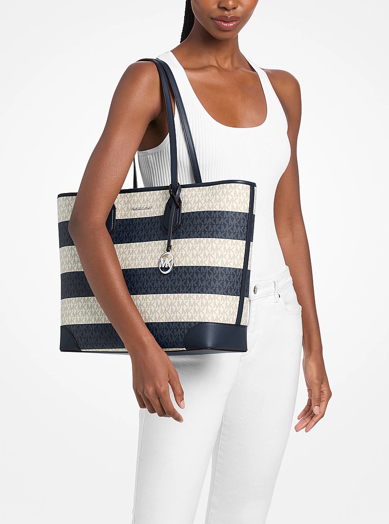 Eva Large Striped Signature Logo Tote Bag in NAVY | Michael Kors