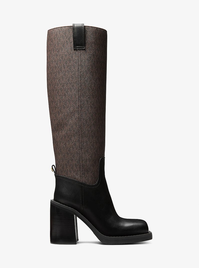 Houston Signature Logo and Leather Block Heel Boot in BROWN/BLK | Michael Kors