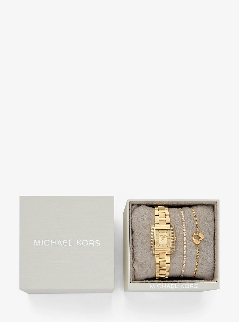Mini Emery Pav&eacute; Gold-Tone Watch and Bracelet Gift Set in GOLD | Michael Kors