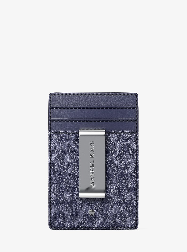 Porta carte di credito Hudson con clip fermasoldi con logo in pelle martellata in ABITO BLUES | Michael Kors