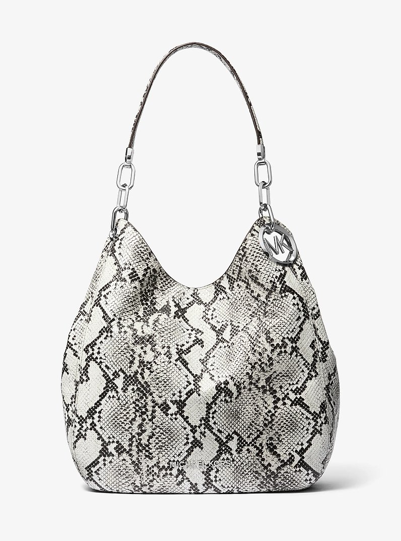 Lillie Large Snake Embossed Leather Shoulder Bag in ALUMINUM | Michael Kors