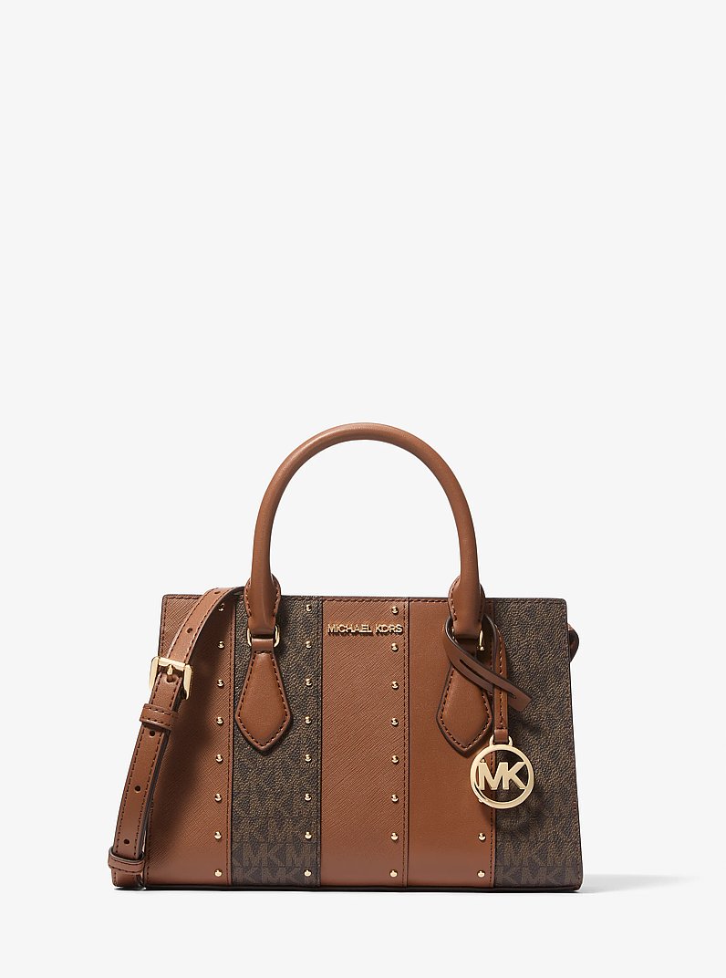 Sheila Small Studded Patchwork and Signature Logo Satchel in